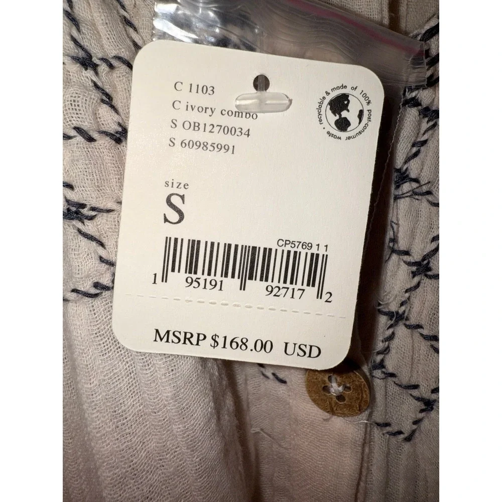 Free People NWT Ivory Boho Pheasant Dress w/ Navy Embroidery Oversized Small
